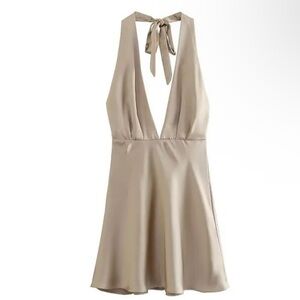 Halter Neck Plain Open Back Mini A Line Satin Dress
